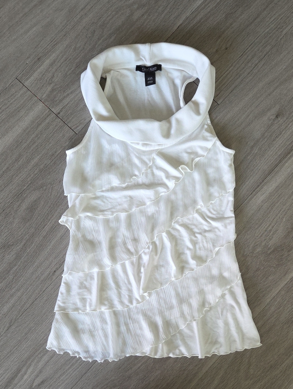 White House Black Market. Size Xxs. 76% Rayon. Cowl Neck. White Ruffled Tank.